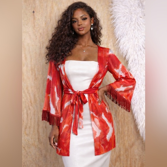 Rare KMilele Red Tie-Dye Kimono Boho Silk Top with tie fringe sleeves Sz M Gypsy - Picture 2 of 11